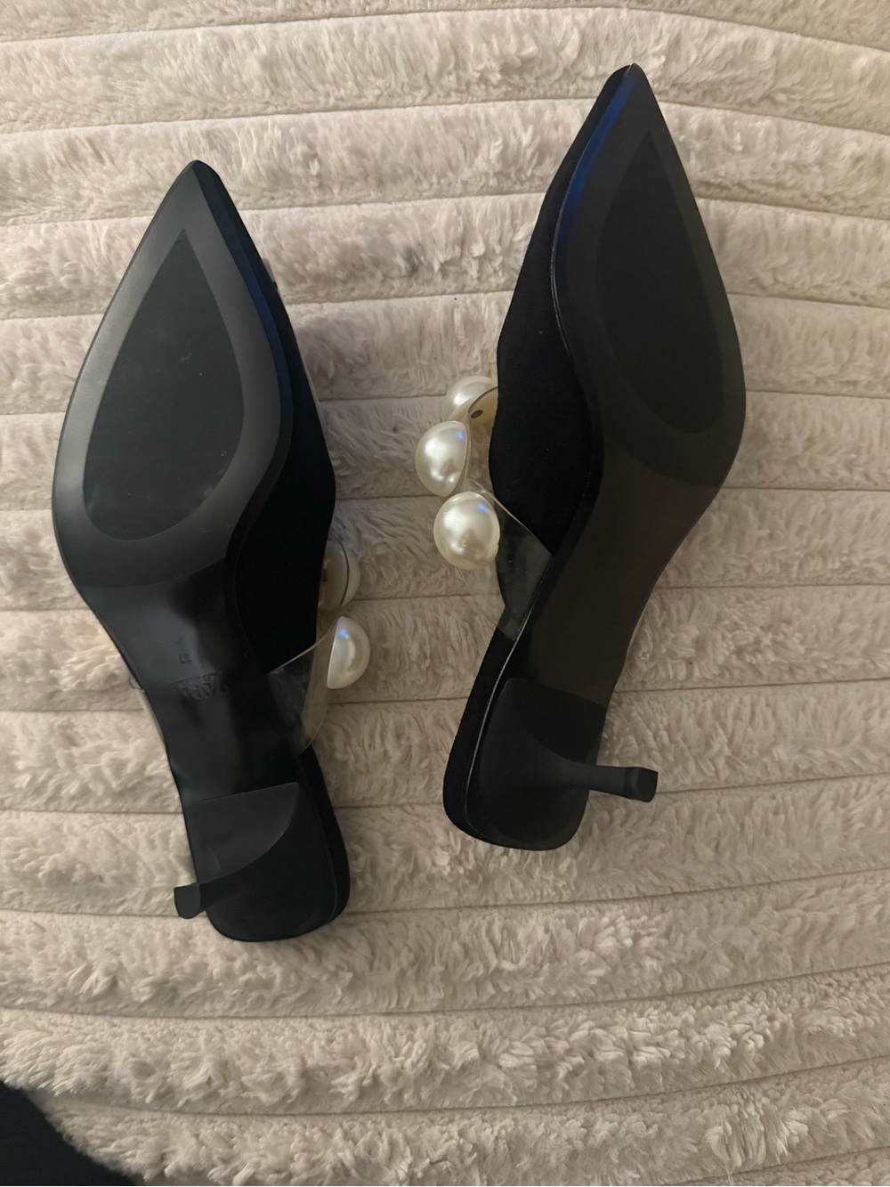 Zara Black Pointed Toe Heels with Pearl Strap - Picture 2 of 3